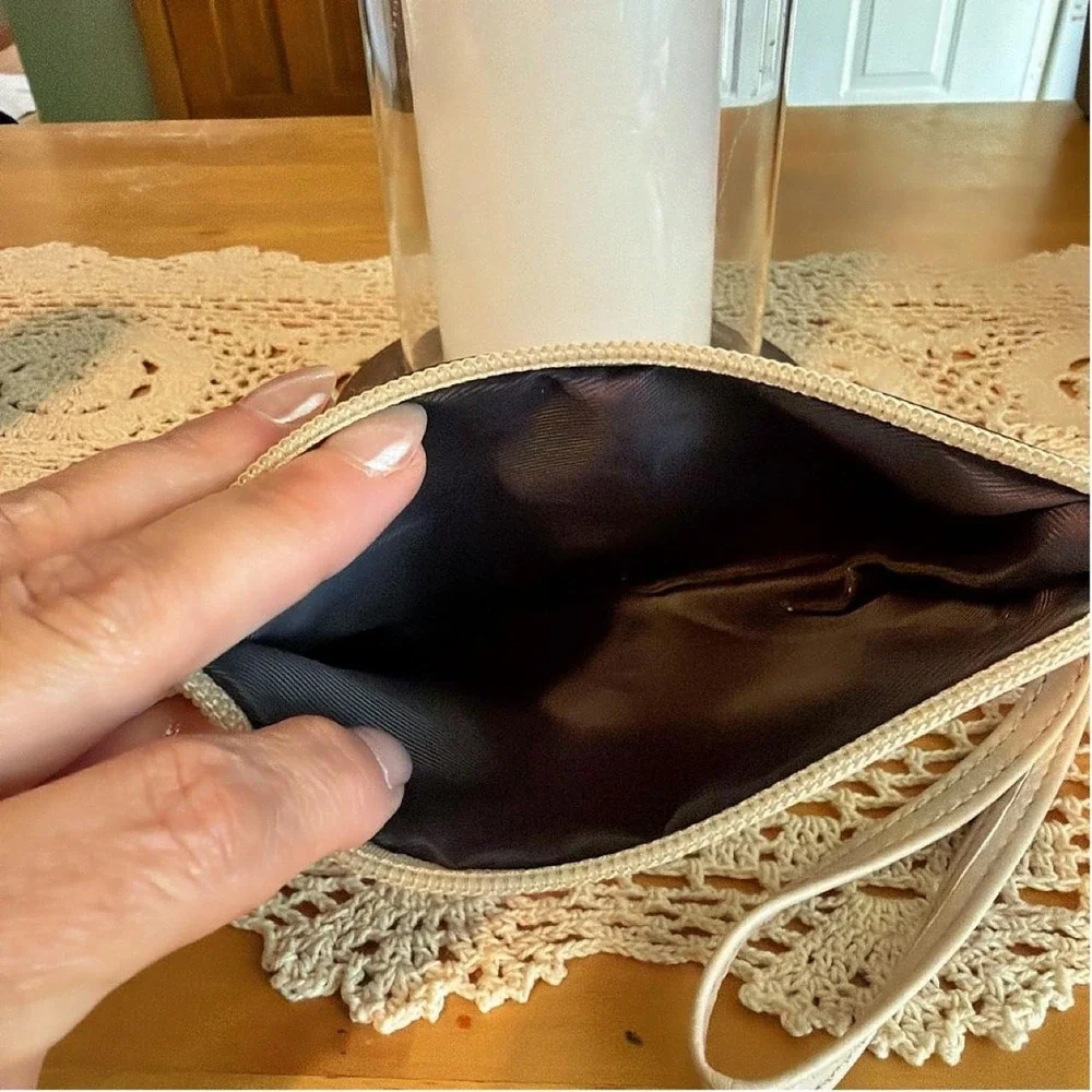 Cream Faux Leather Wristlet Small Zipper Pouch Gold Hardware Minimalist Pouch
